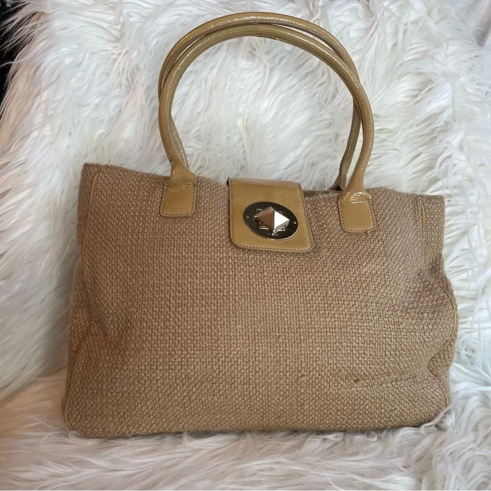 Kate spade tweed wool burlap and‎ patent leather large Slouchy Satchel tote